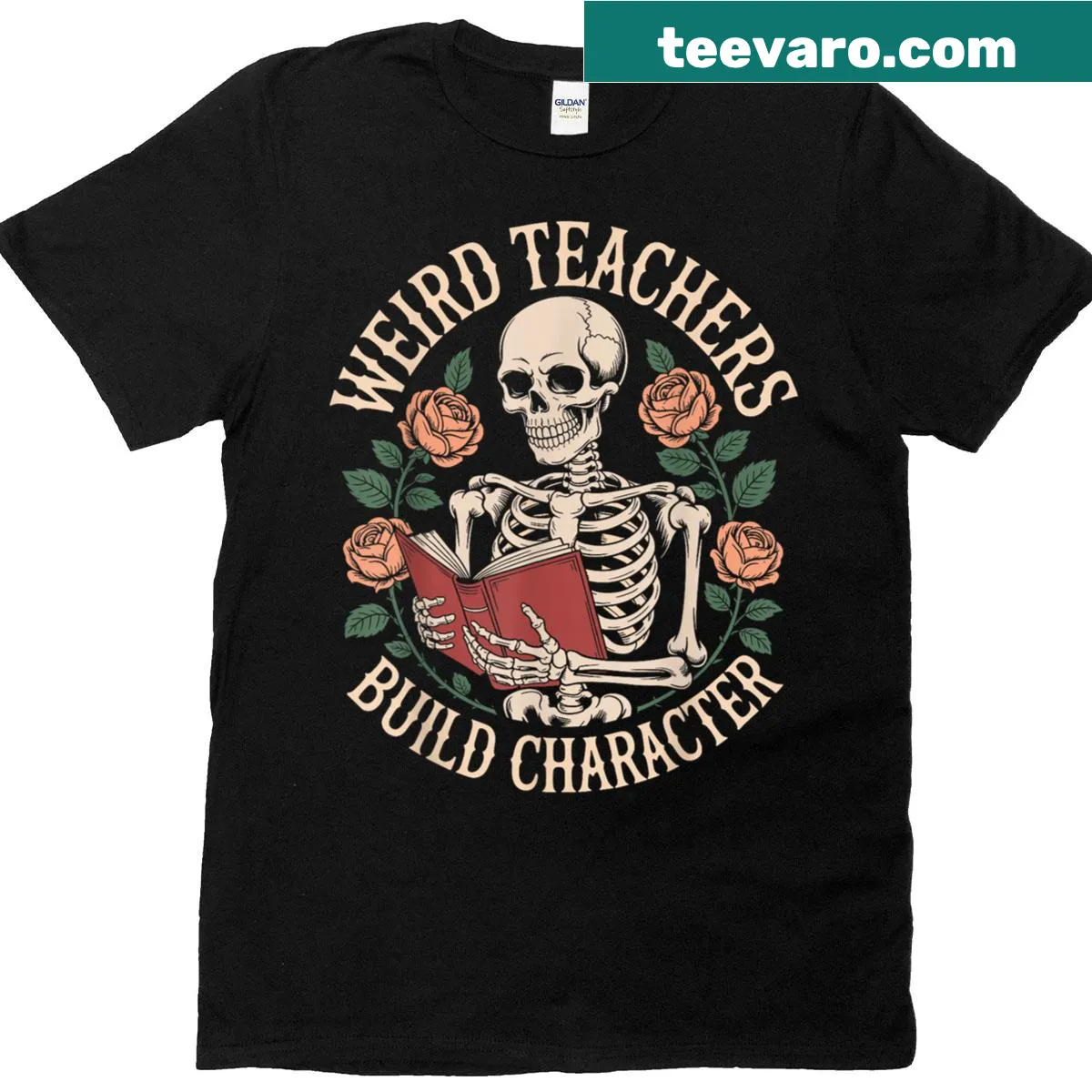 Skeleton graphic with text 'Weird Teachers Build Character' on t-shirt — on a men's t-shirt