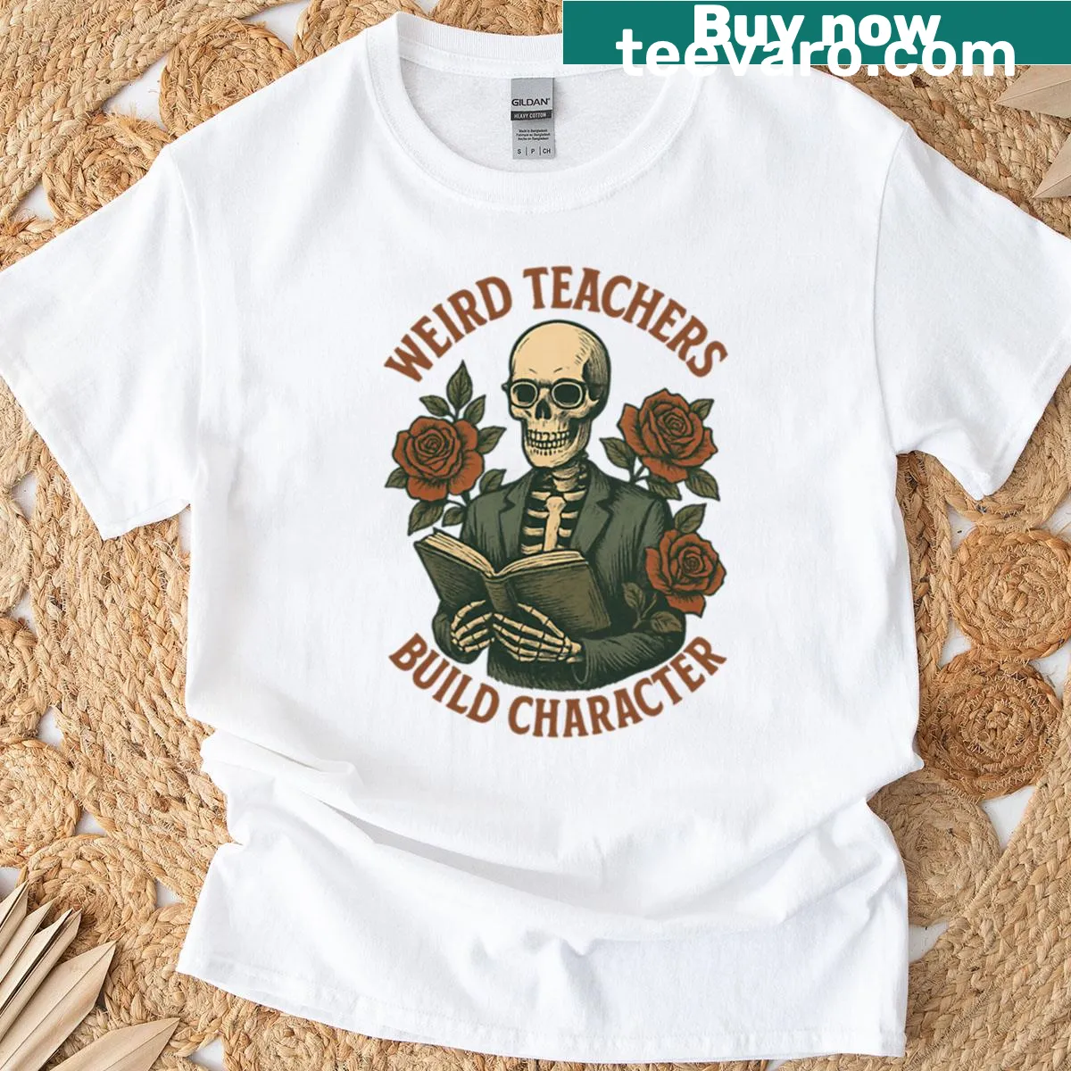 Vintage skeleton teacher graphic with roses on a tee — on a men's t-shirt