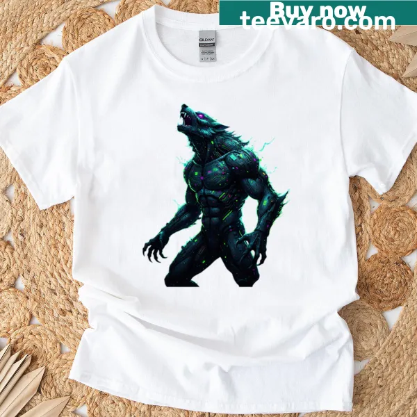 Glitch werewolf graphic T-shirt with lunar coding design