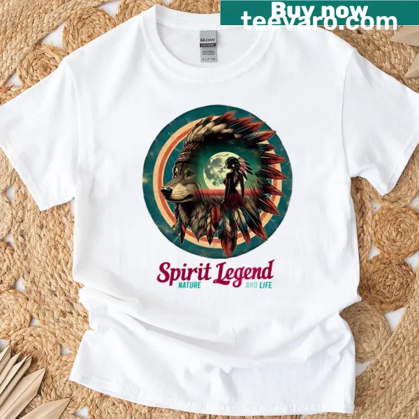 Vintage design featuring a wolf and Native American woman on a t-shirt