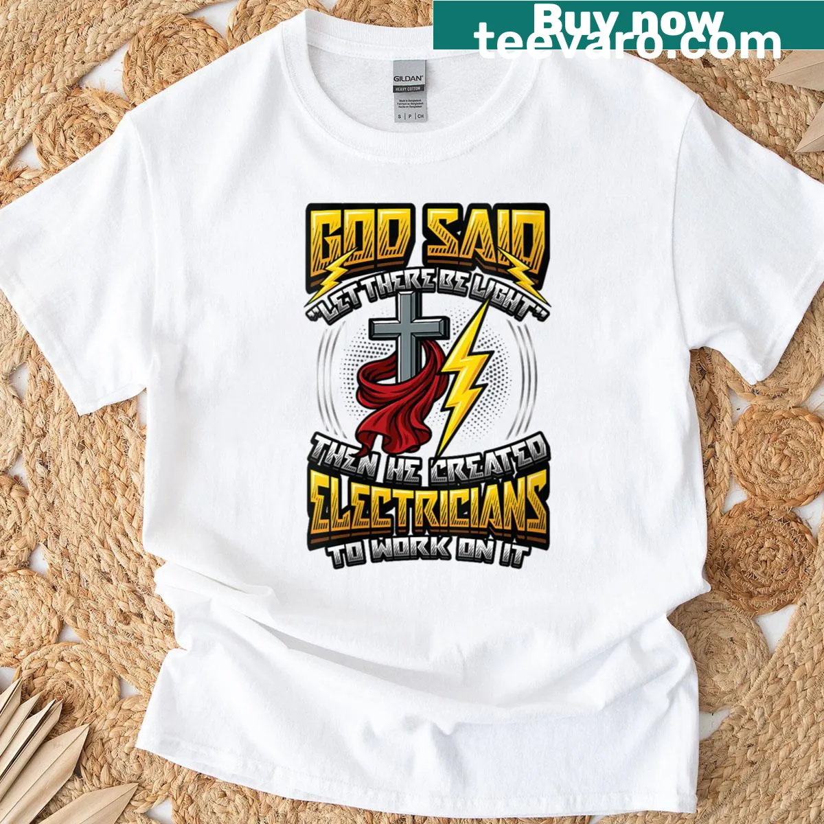 Humorous electrician t-shirt with 'God Said Let There Be Light' text — on a men's t-shirt