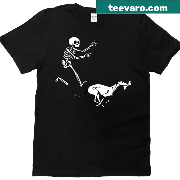 Funny cartoon T-shirt featuring a running skeleton greyhound for Halloween