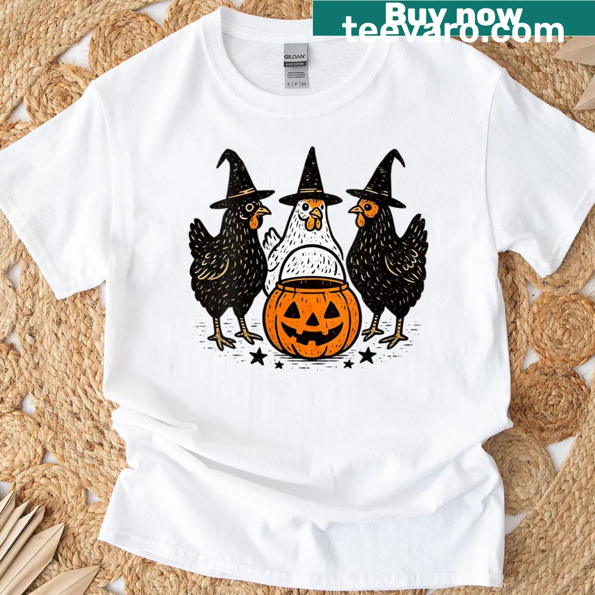 Funny Halloween witches with chickens and pumpkins graphic on a tee — on a men's t-shirt
