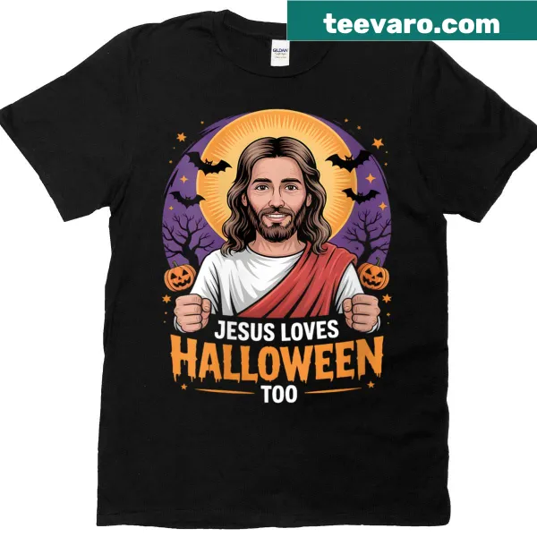 Funny Halloween Jesus graphic t-shirt for women with humorous text