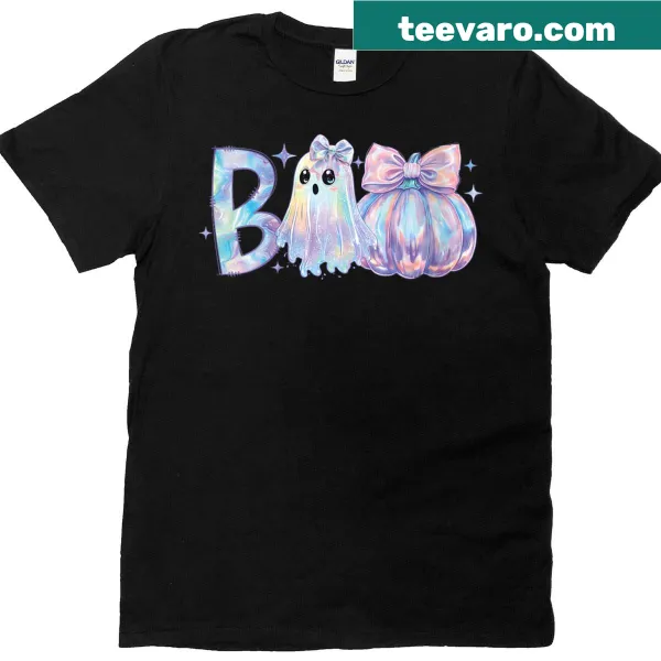 Retro ghost and pumpkin graphic t-shirt with a cute bow design