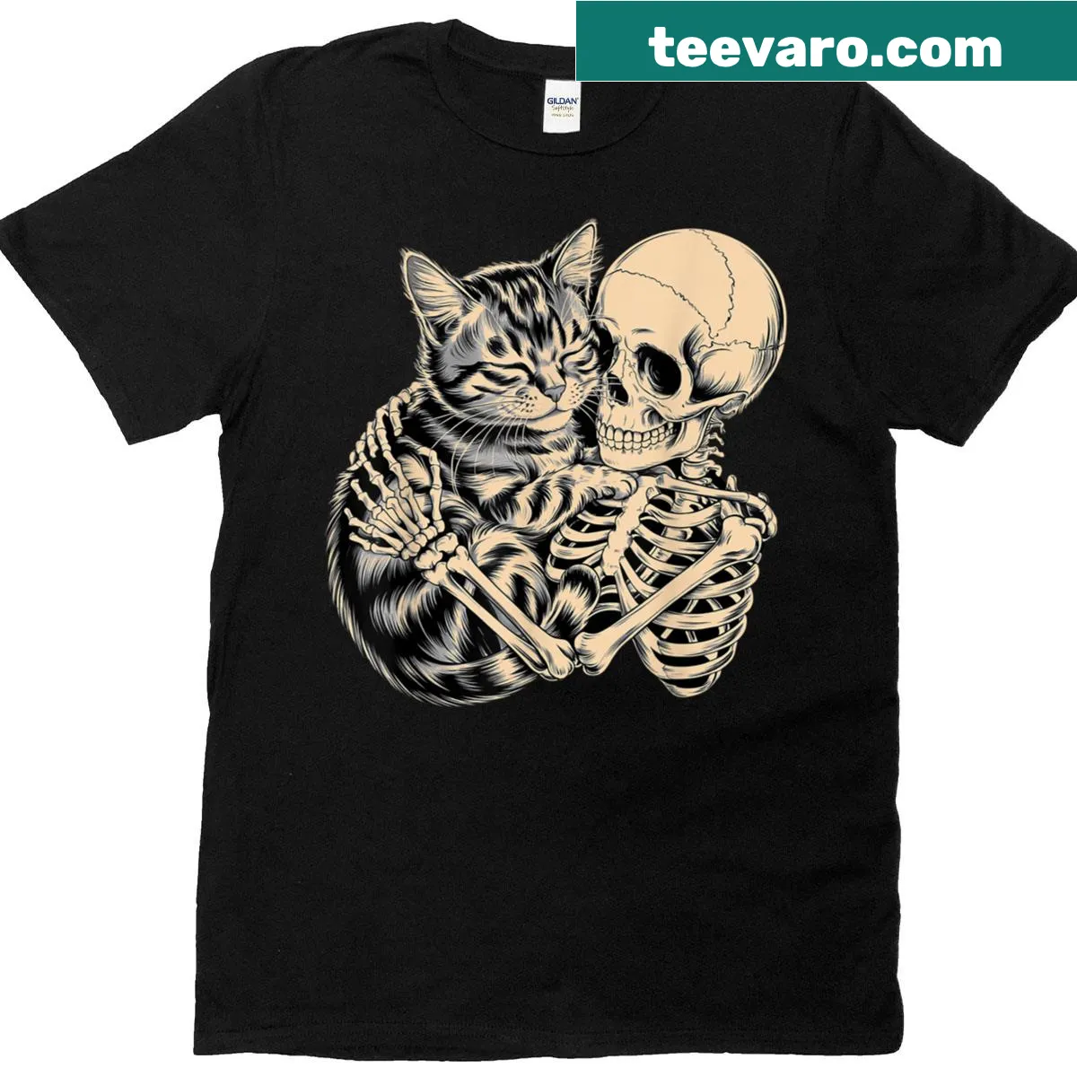 Cat skeleton hugging another cat for Halloween T-shirt — on a men's t-shirt