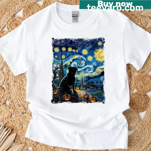 Womens Halloween Pug Dog Van Gogh Starry Night T-shirt with cartoon design