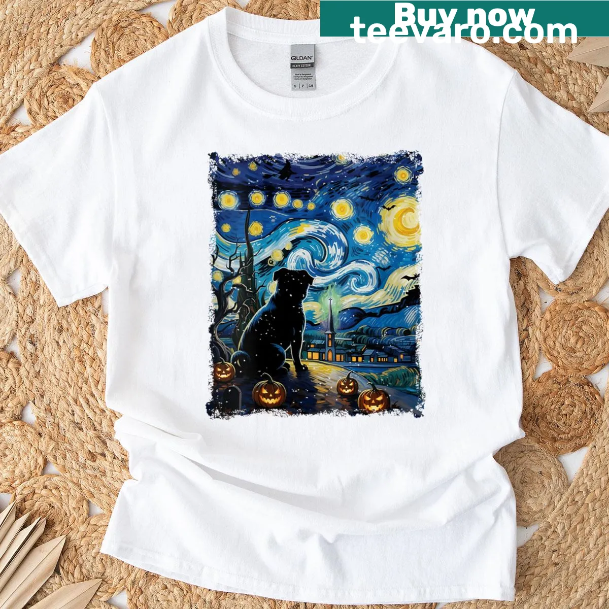Womens Halloween Pug Dog Van Gogh Starry Night T-shirt with cartoon design — on a men's t-shirt