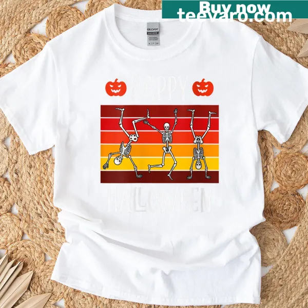Dancing skeletons graphic on a funny Halloween T-shirt