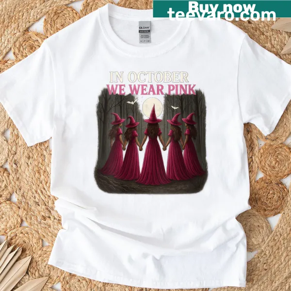 Womens tee with Halloween witch theme and breast cancer awareness message