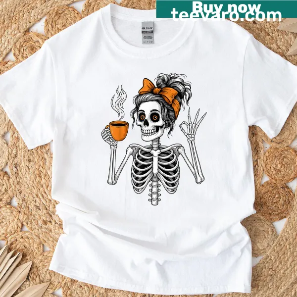 Fun skeleton and pumpkin graphic Halloween T-shirt for coffee lovers.