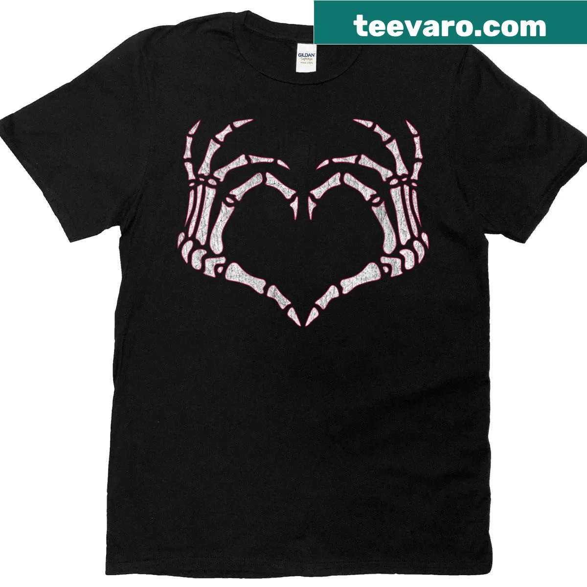 Skeleton hands forming a heart design for Halloween — on a men's t-shirt