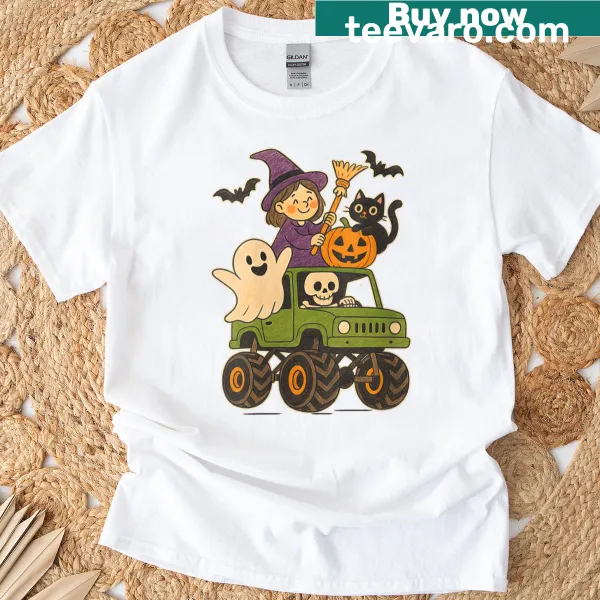 Cartoon skeleton witch with cat and ghost graphic on a kids tee
