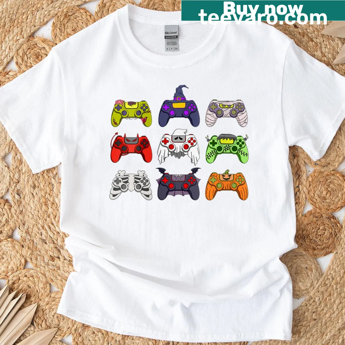 Cartoon Skeleton Zombie with gaming controllers on a Halloween T-shirt — on a men's t-shirt