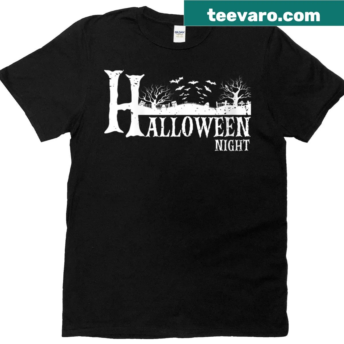 Graveyard scene T-shirt featuring bats, ideal for Halloween — on a men's t-shirt