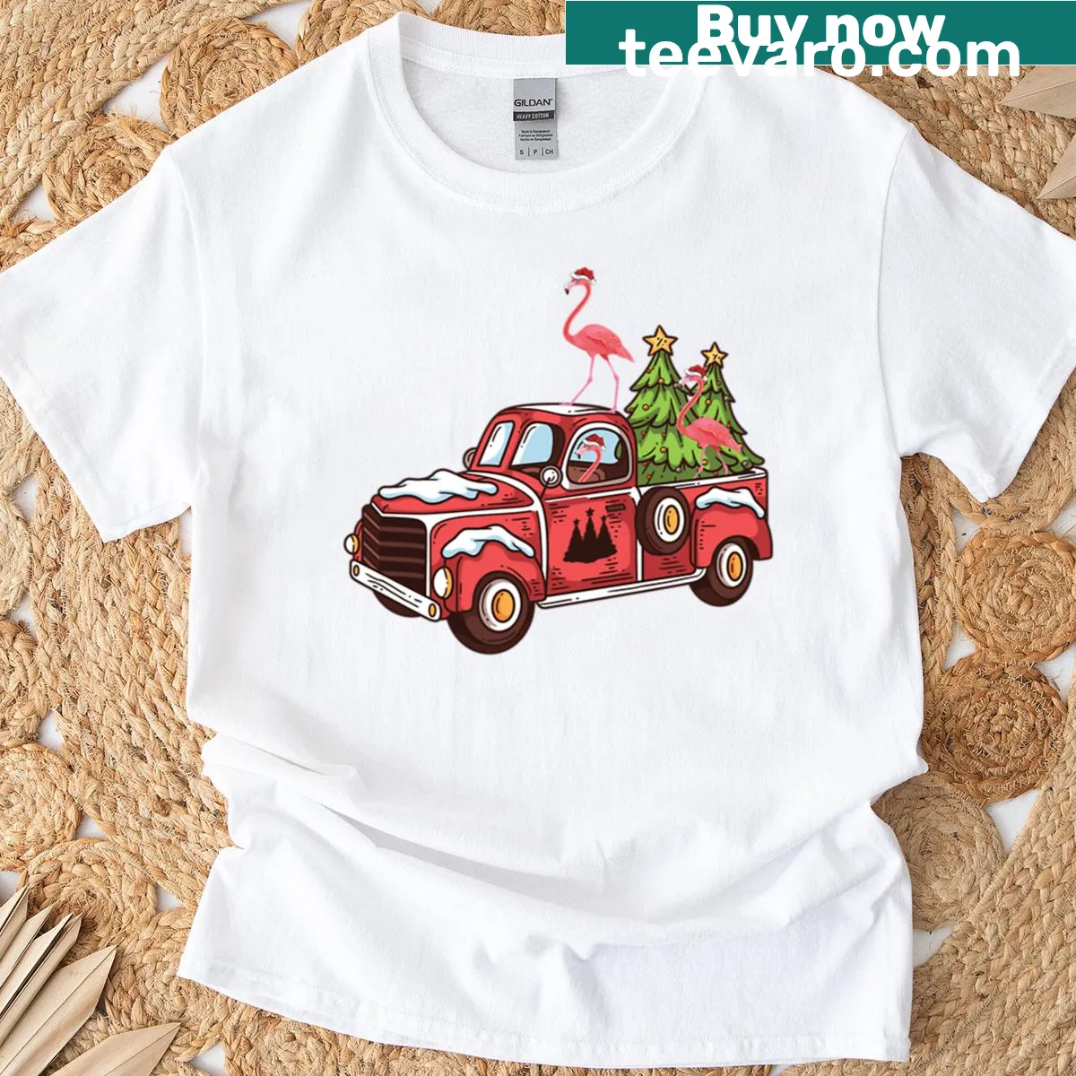 Playful design of a flamingo in a red truck with a Christmas tree on a t-shirt — on a men's t-shirt