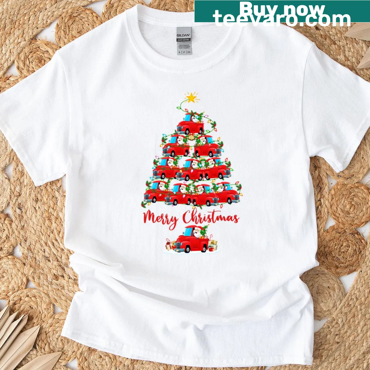 Illustration of a red truck with a Christmas tree on a T-shirt — on a men's t-shirt