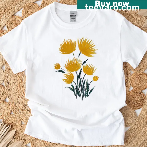 Abstract floral design on a yellow T-shirt celebrating nature's beauty.