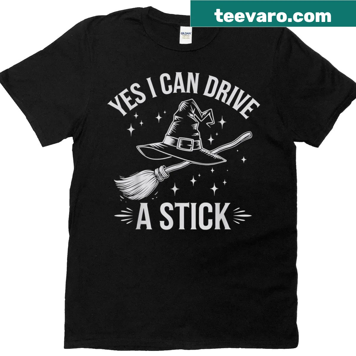 Funny T-shirt with a witch broom and driving pun for Halloween — on a men's t-shirt