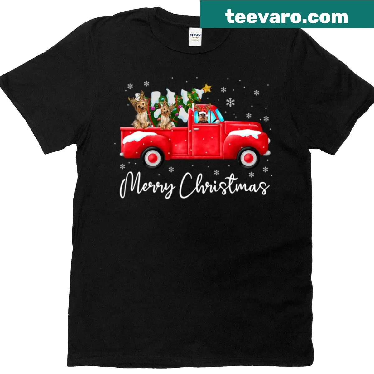 Yorkie in Santa hat in a red truck for Christmas T-shirt — on a men's t-shirt