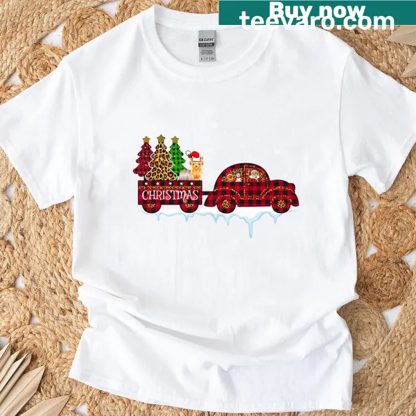 Christmas themed T-shirt with a Yorkshire dog, truck, Santa, and tree