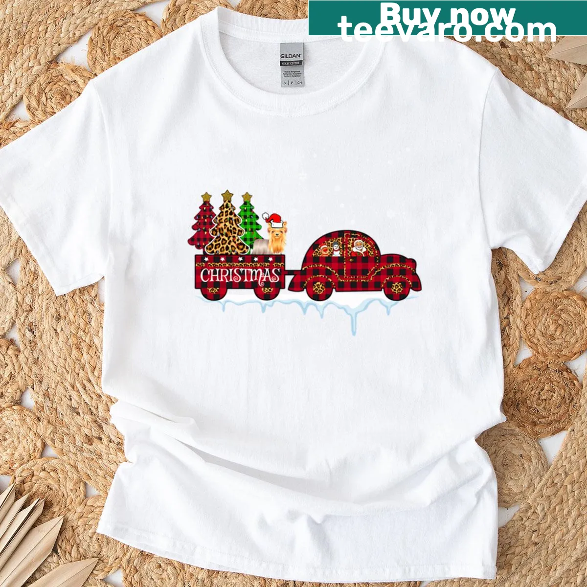 Christmas themed T-shirt with a Yorkshire dog, truck, Santa, and tree — on a men's t-shirt