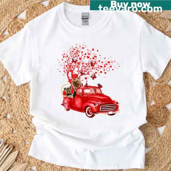 Yorkshire Terrier in a truck with butterflies on a Valentine's T-shirt