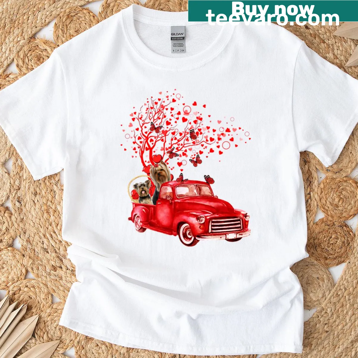 Yorkshire Terrier in a truck with butterflies on a Valentine's T-shirt — on a men's t-shirt
