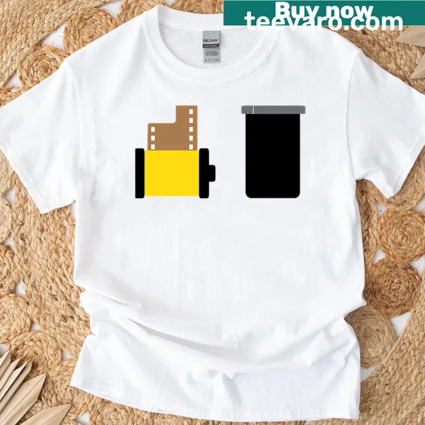 Vintage-style T-shirt featuring a 5mm film roll and canister
