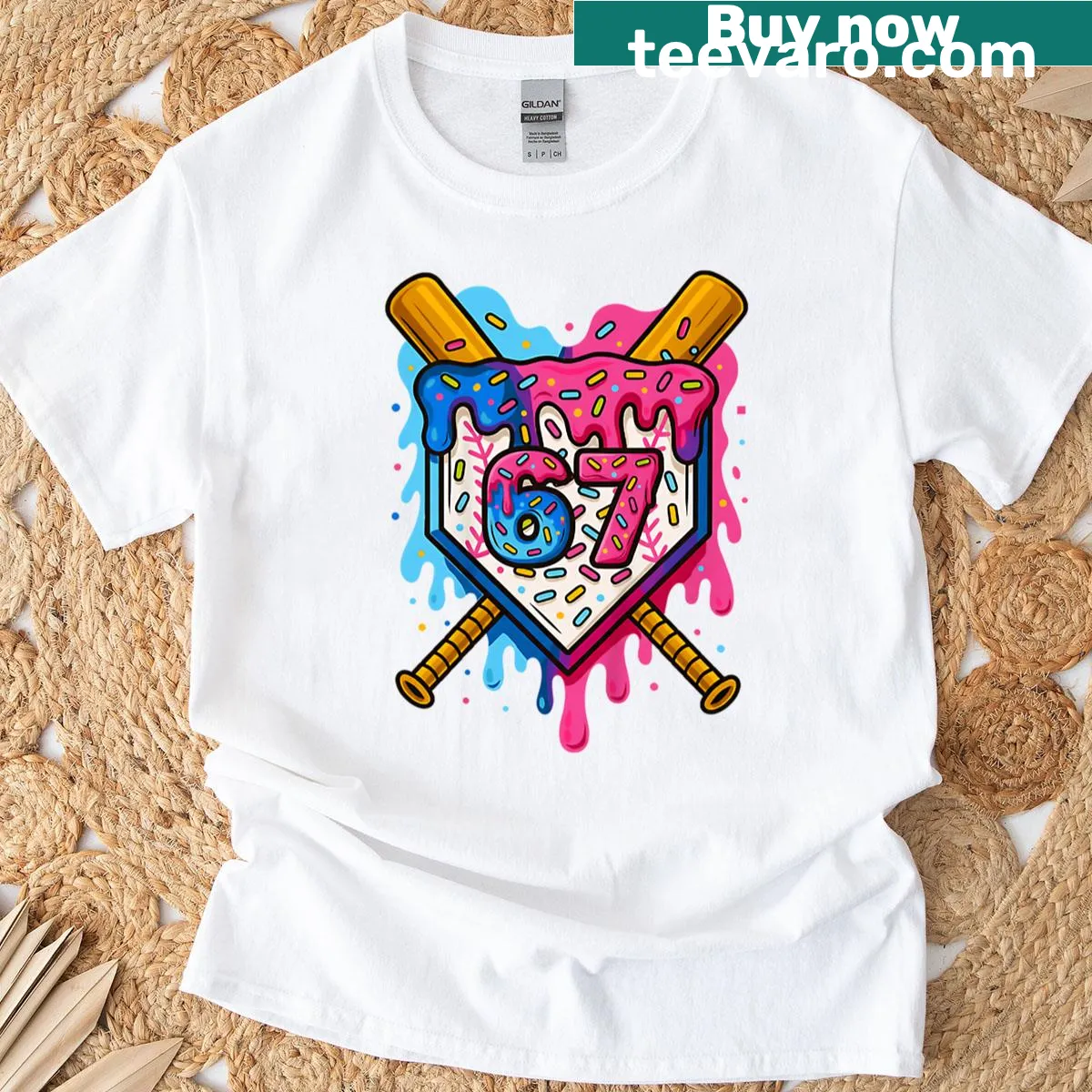 Cartoon t-shirt featuring baseballs melting into ice cream — on a men's t-shirt