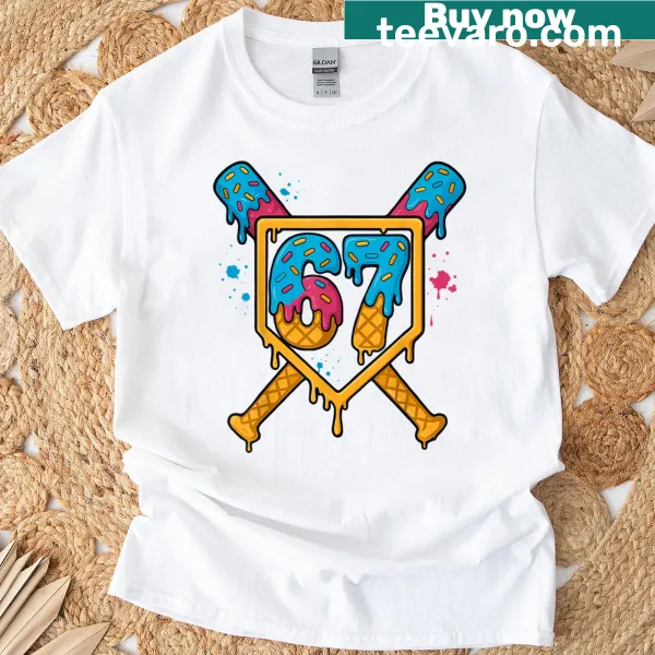 Fun T-shirt with baseball and ice cream drip illustration for teens