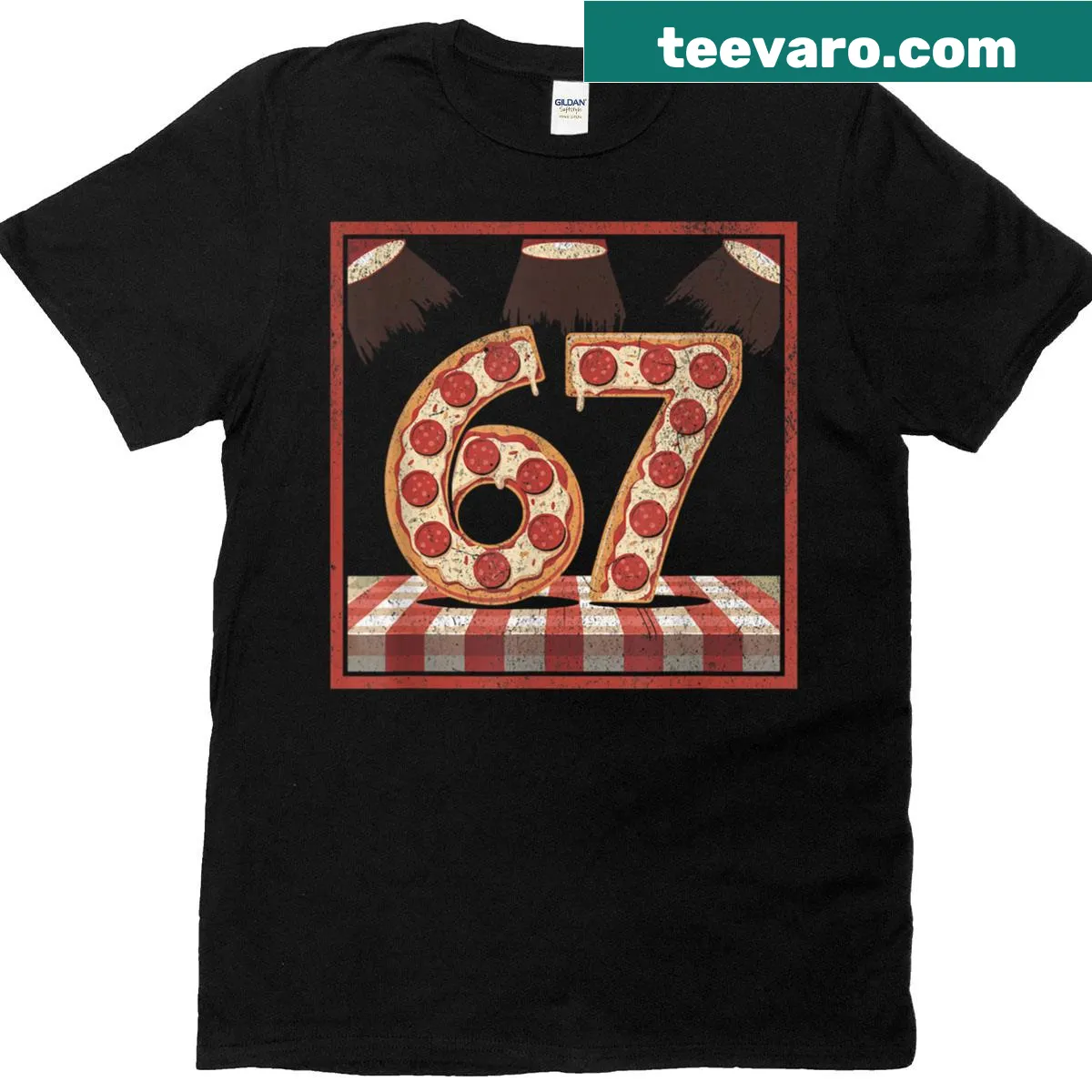 Retro pizza graphic tee with Sigma aura theme — on a men's t-shirt