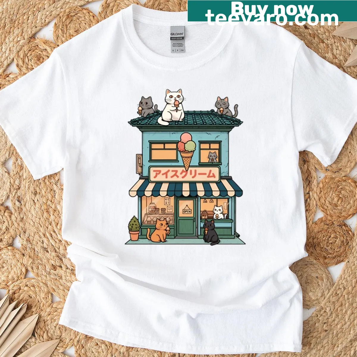 Whimsical t-shirt featuring cats in a Japanese ice cream shop — on a men's t-shirt