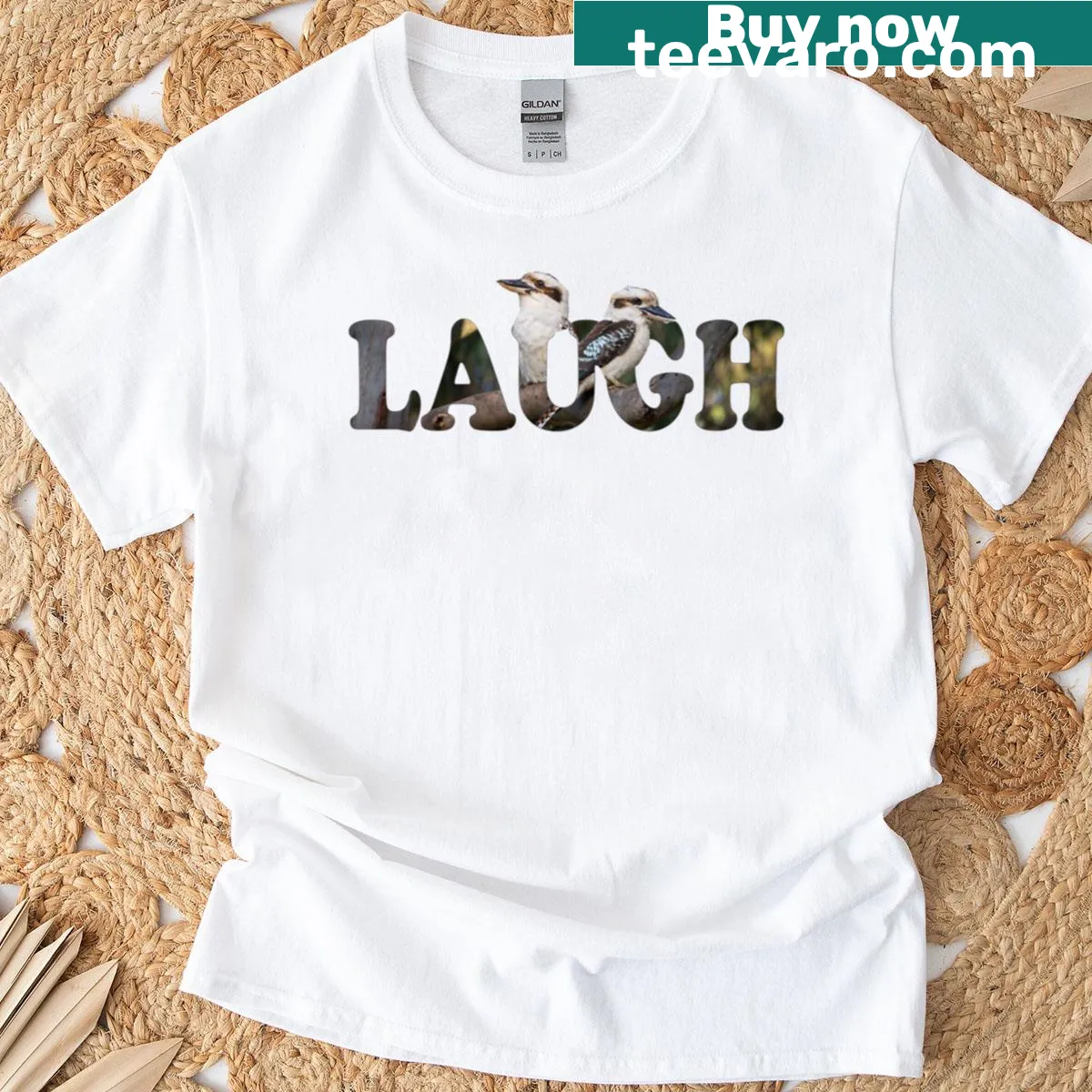 Cartoon of laughing kookaburras with the caption 'Laugh' on T-shirt — on a men's t-shirt