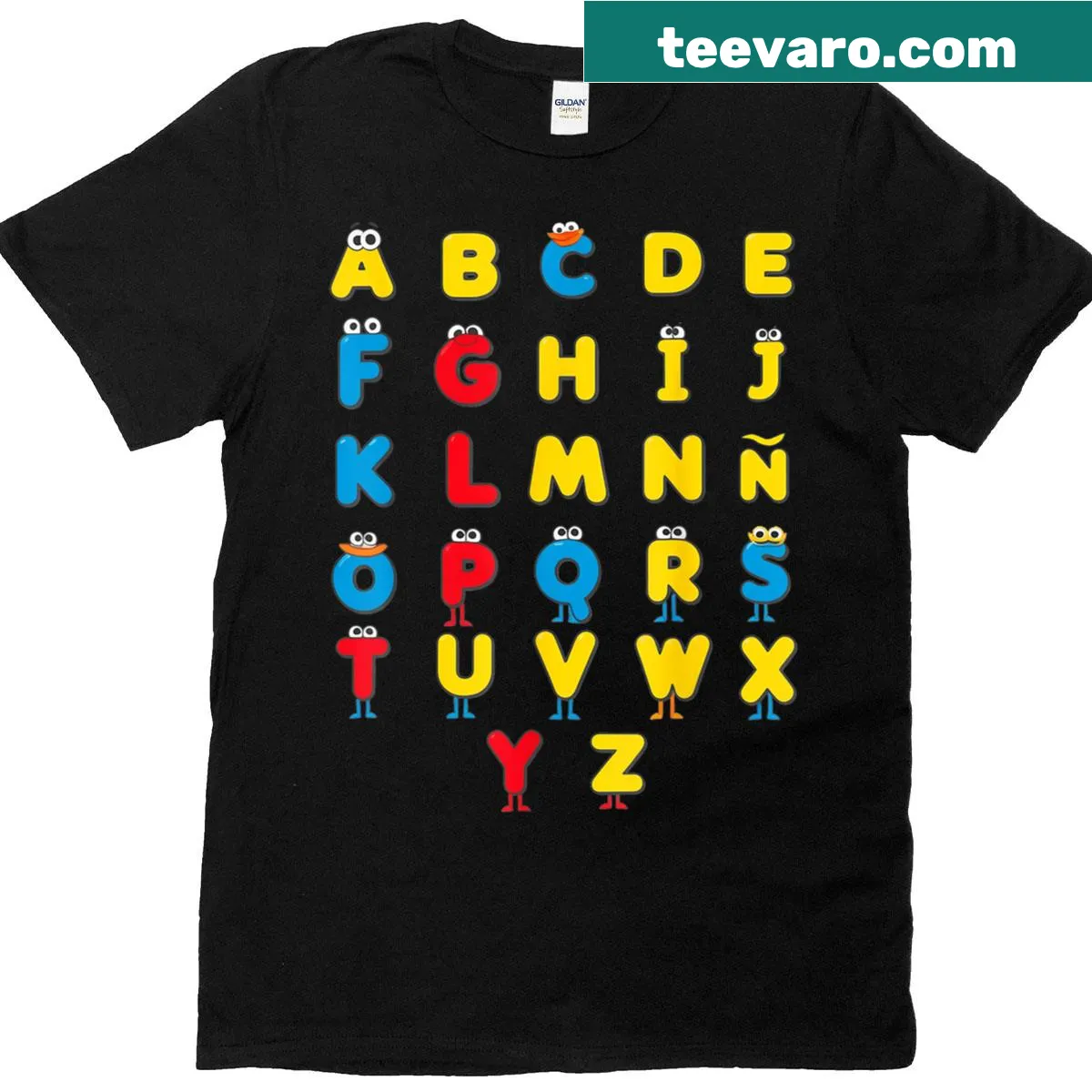 Funny children's T-shirt with Spanish alphabet illustrations — on a men's t-shirt