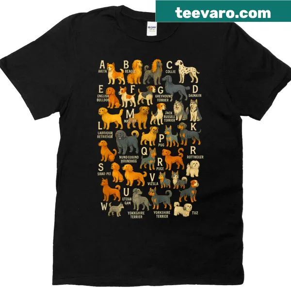 Educational dog breeds t-shirt featuring A-Z canine types