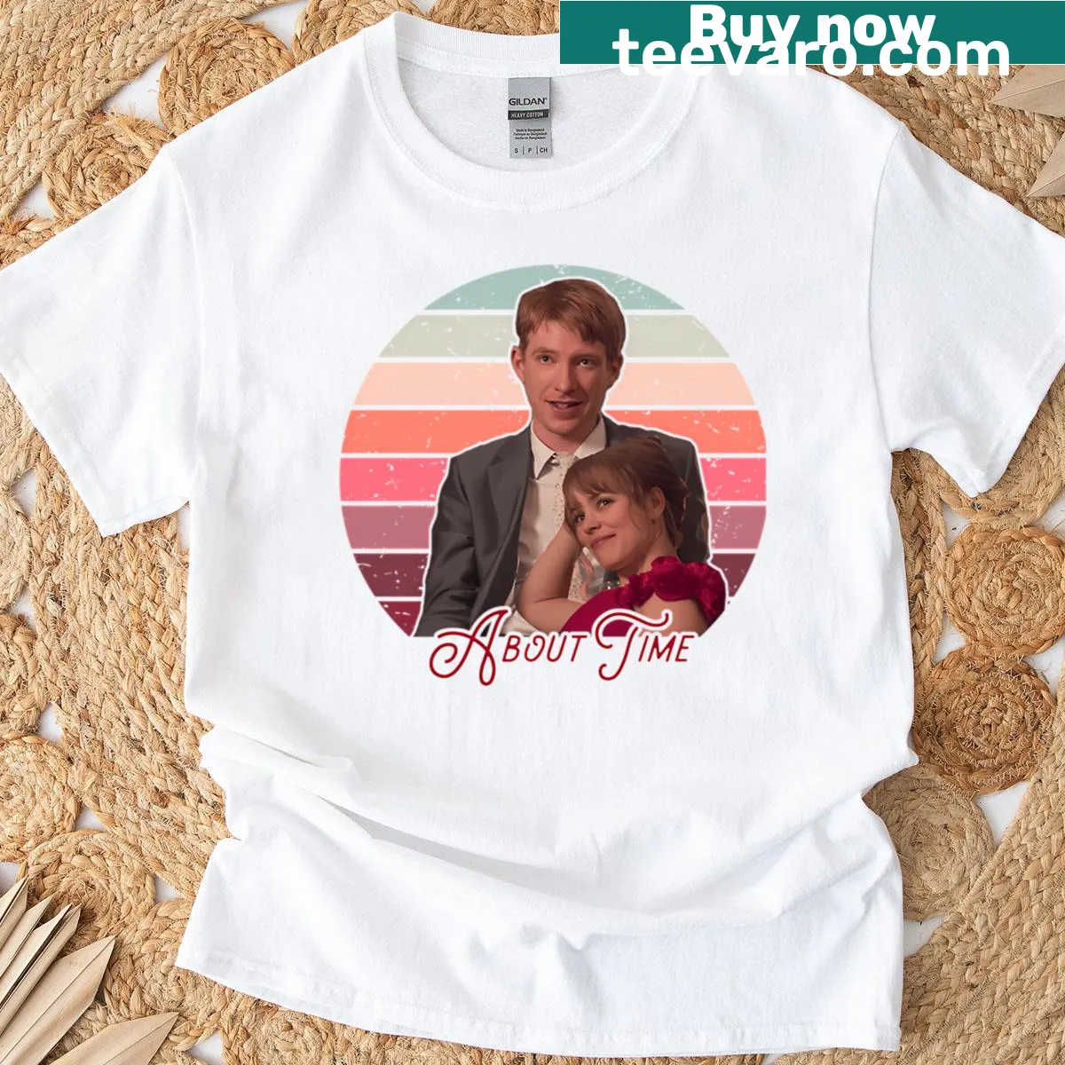 Couples t-shirt with the phrase 'About Time' in elegant typography — on a men's t-shirt