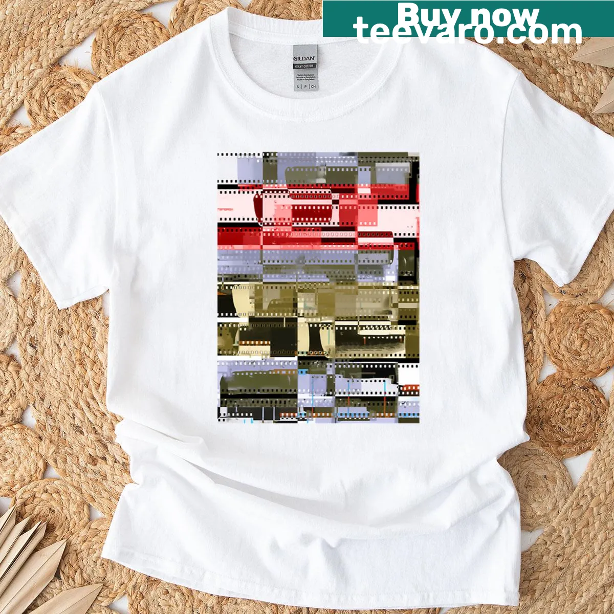 Abstract T-shirt featuring a collage of celluloid film strips — on a men's t-shirt