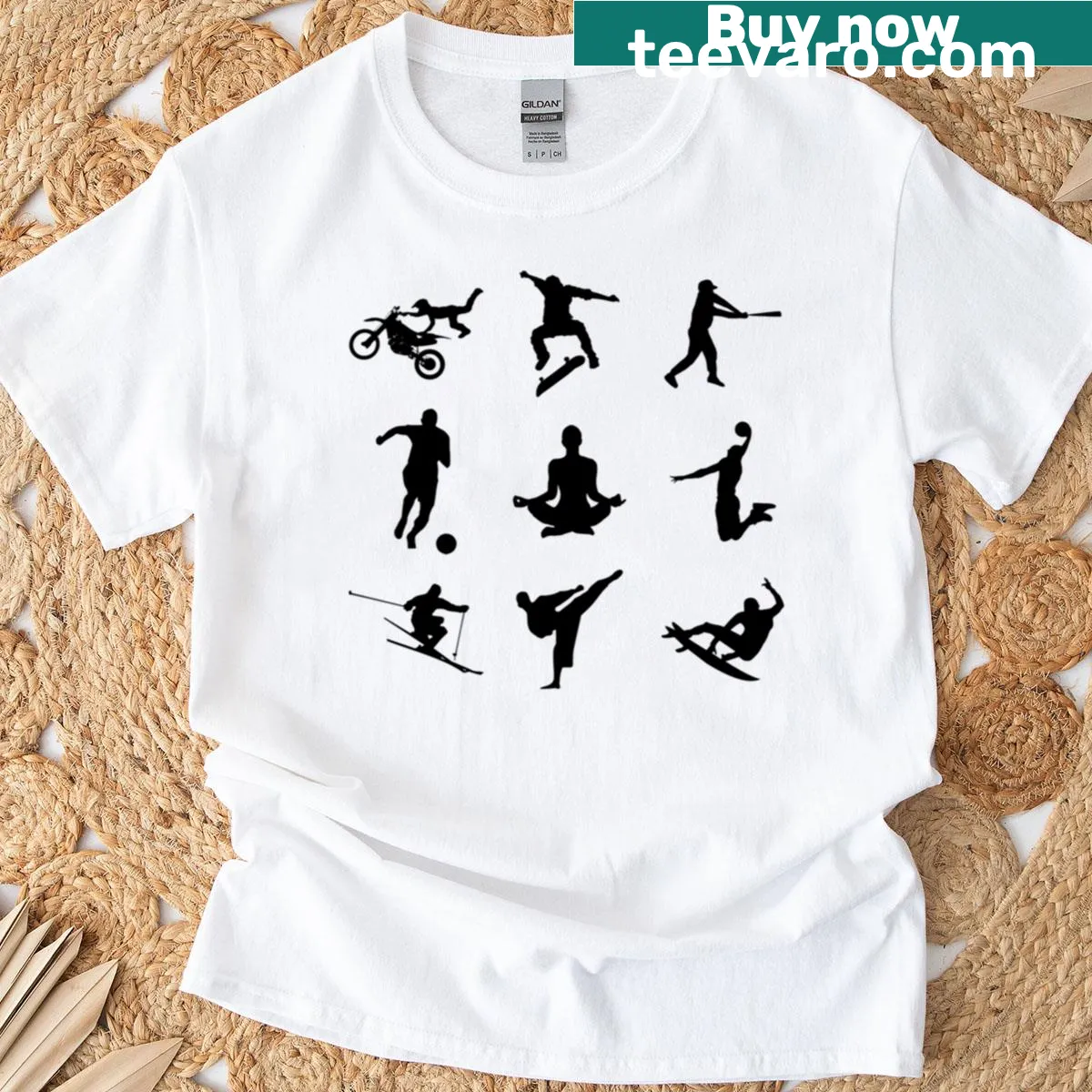 Silhouettes of athletes in action on grid pattern t-shirt — on a men's t-shirt