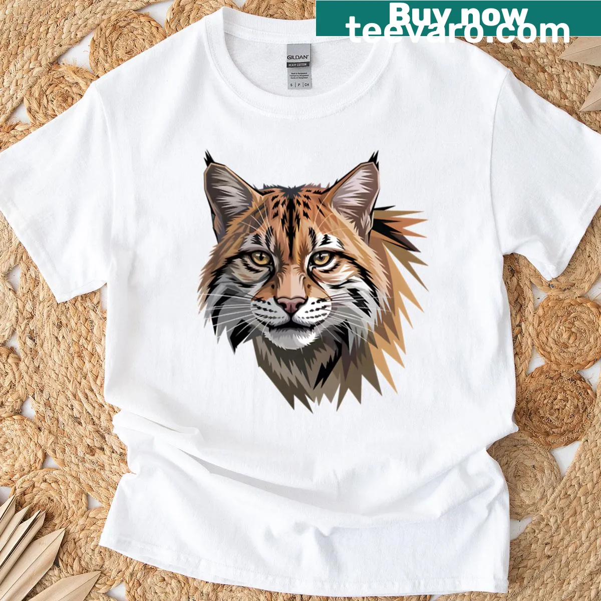 Realistic geometric illustration of an African wildcat's head — on a men's t-shirt