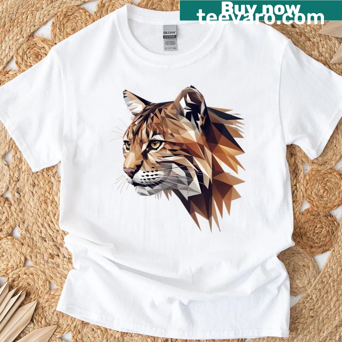Low poly illustration of an African wildcat's profile on a t-shirt — on a men's t-shirt
