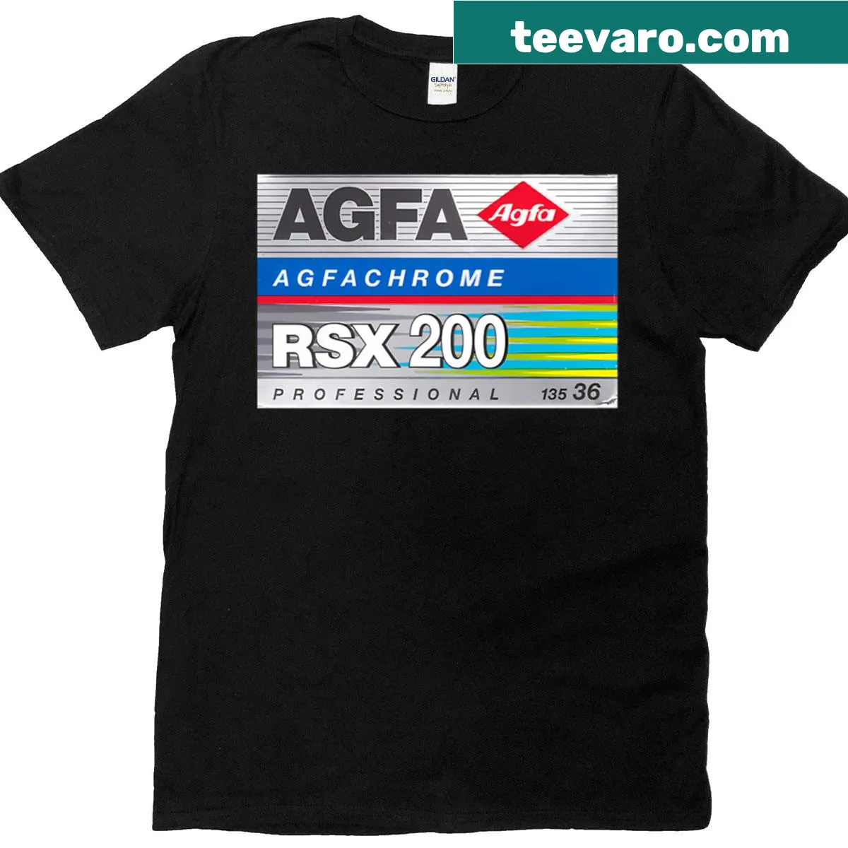 Vintage Agfachrome RSX 200 film box graphic T-shirt — on a men's t-shirt