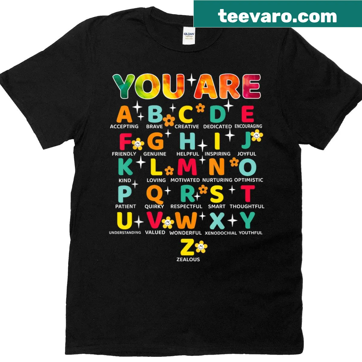 Motivational A to Z positive words teacher T-shirt — on a men's t-shirt
