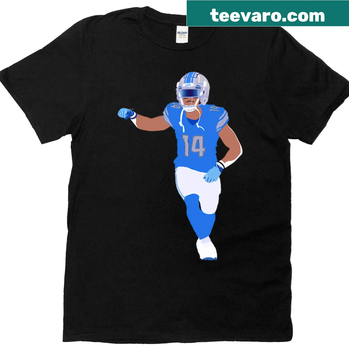 Detroit Lions T-shirt with Amon-ra St. Brown's name and number 14 — on a men's t-shirt