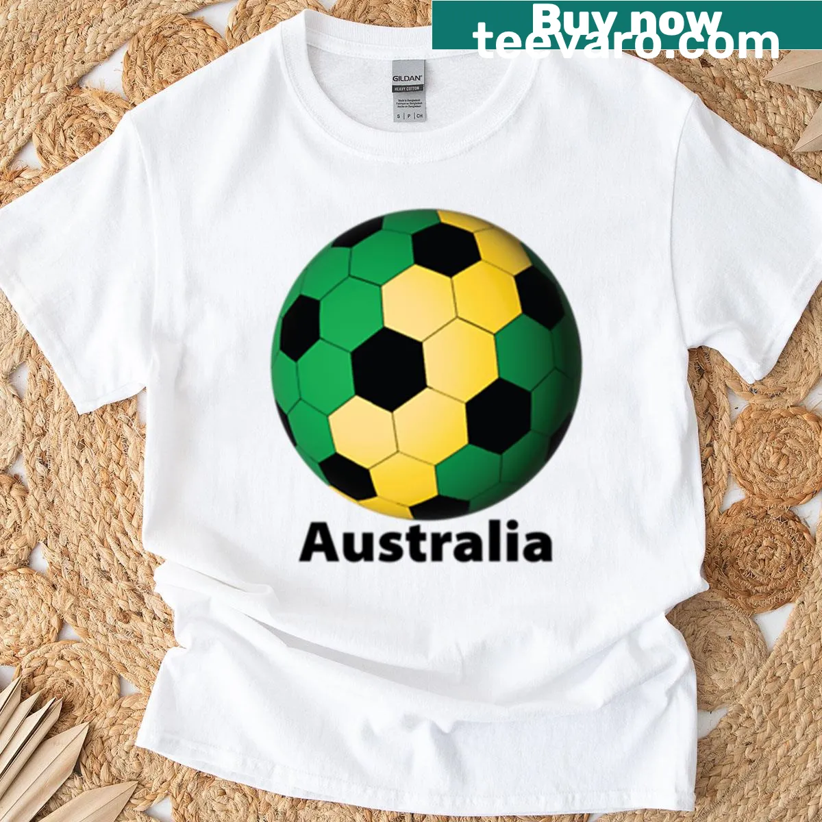 Illustrative T-shirt featuring a soccer ball and Australian theme — on a men's t-shirt