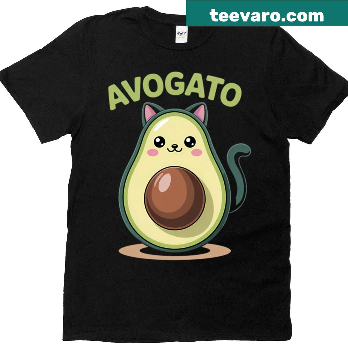 Cartoon cat and avocado design T-shirt for cat lovers — on a men's t-shirt