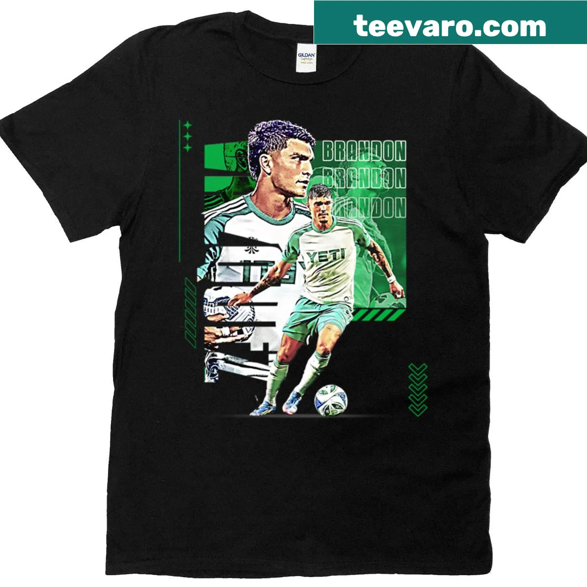 Illustrative soccer player graphic T-shirt for soccer fans — on a men's t-shirt