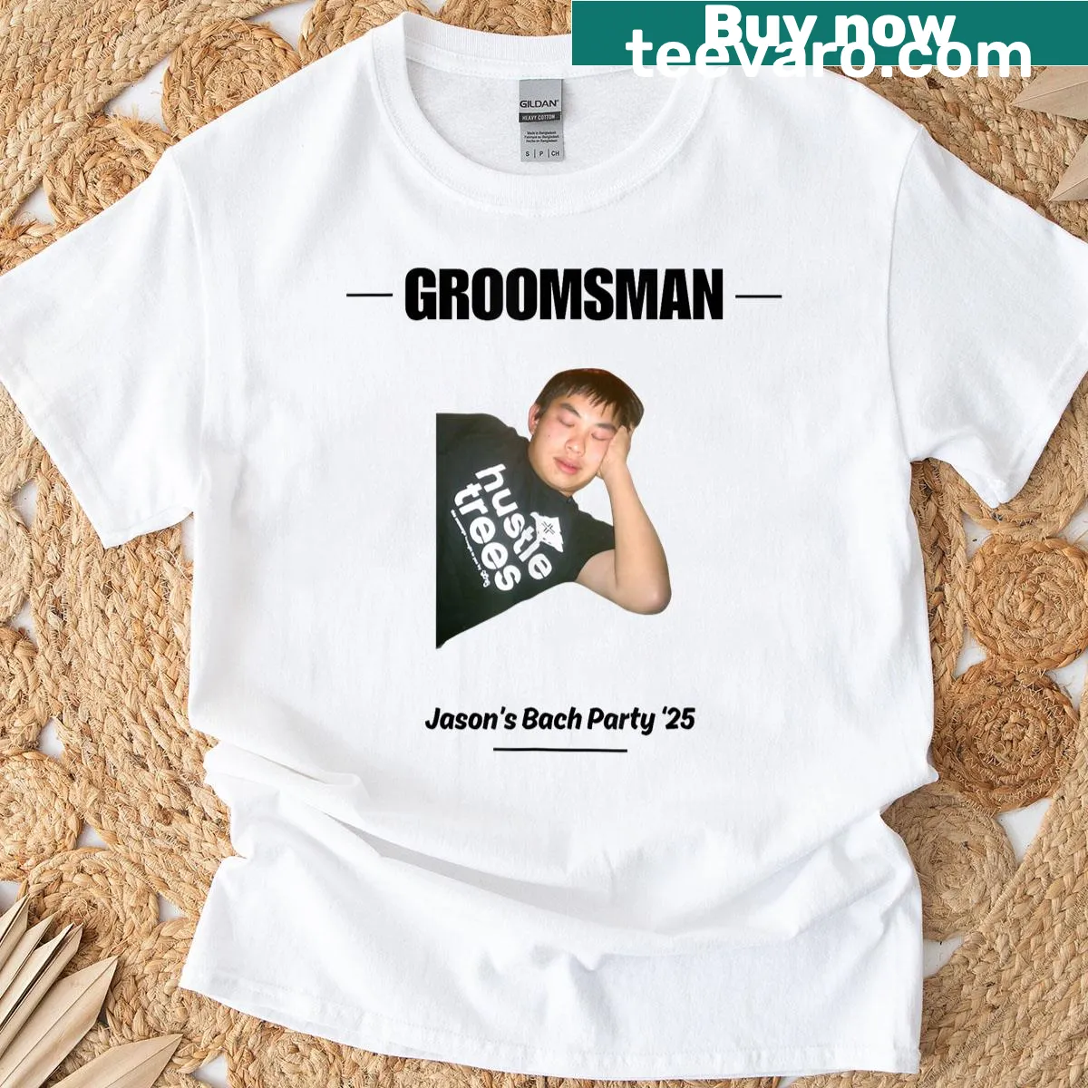 Humorous bachelor party matching outfit T-shirt — on a men's t-shirt
