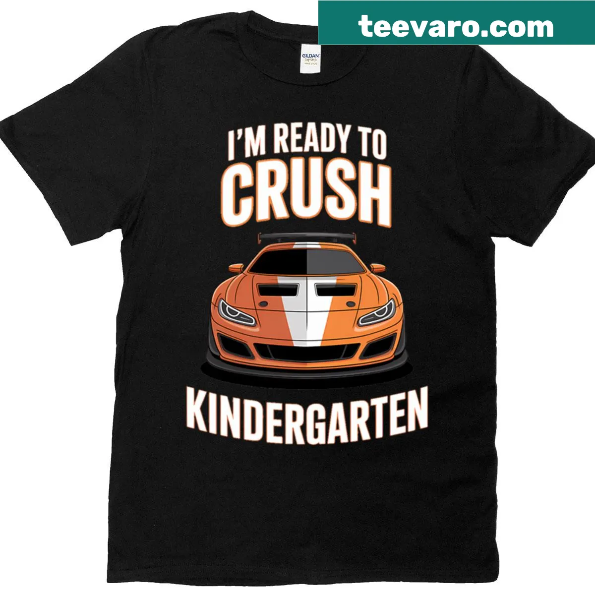 Illustrated race car shirt with text about kindergarten readiness — on a men's t-shirt