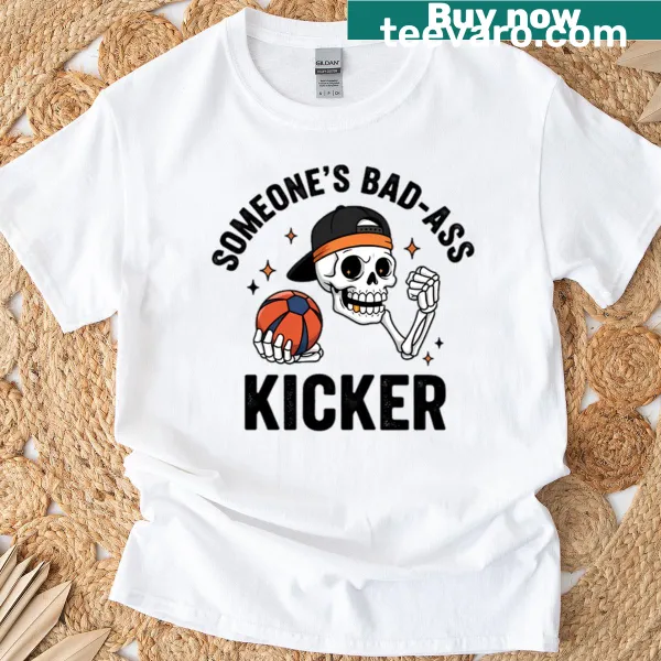 Bold T-shirt featuring an illustration of a skeleton kicking